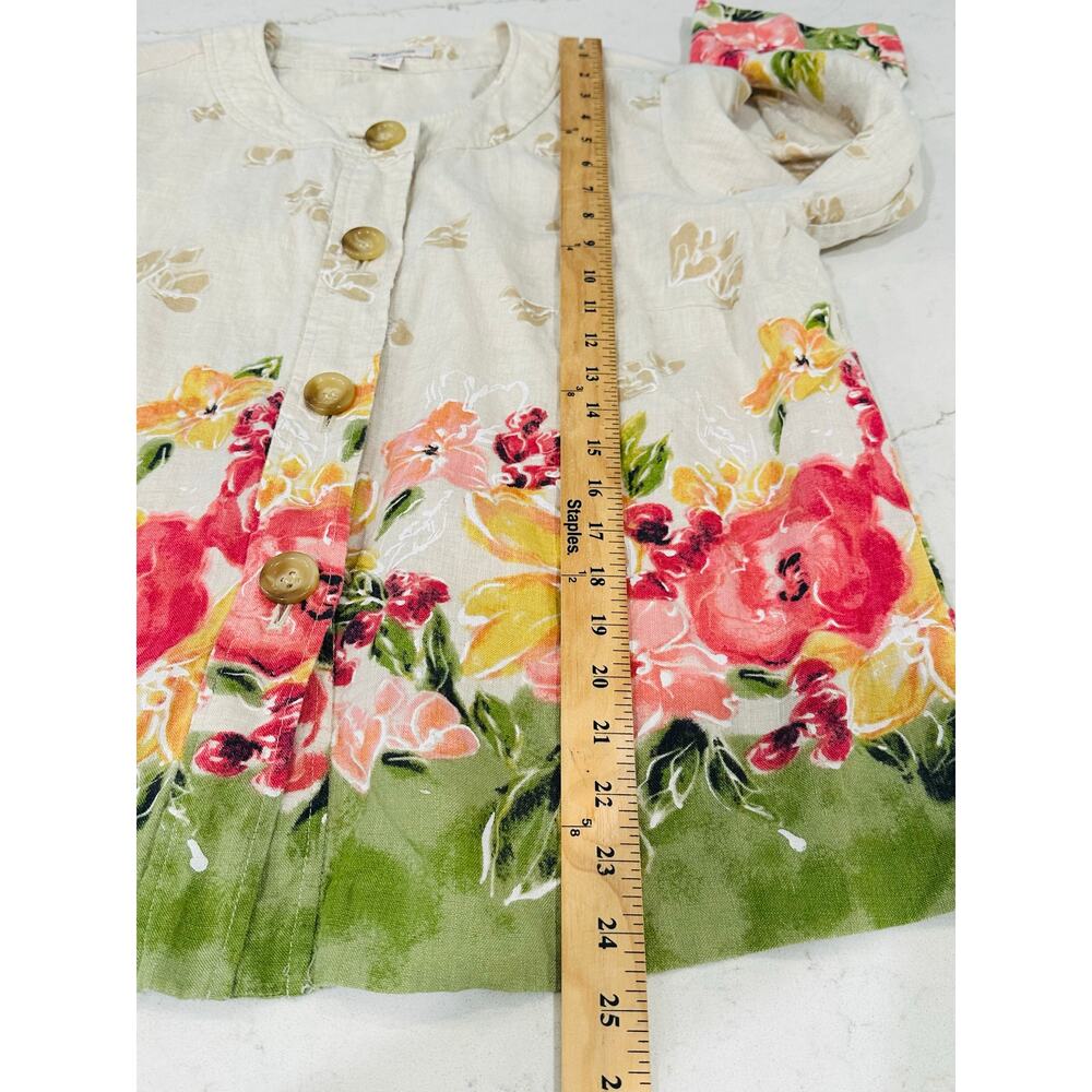 Linen Floral Button Up Jacket Top Women’s 12 Tan Pink Lagenlook Lightweight - Picture 9 of 10